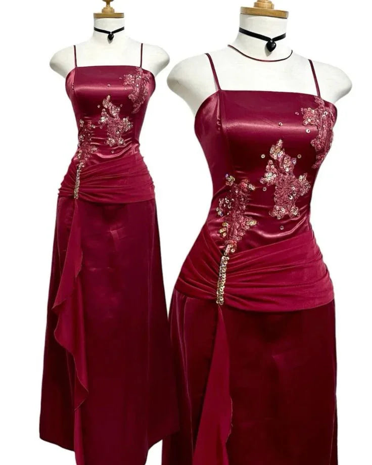 Vestido de Baile Vintage em Cetim Borgonha com Chiffon e Contas Vestido de Noite Y8448