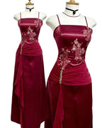 Vestido de Baile Vintage em Cetim Borgonha com Chiffon e Contas Vestido de Noite Y8448