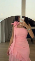 Vestido de Noite Formal com Folhos de Chiffon Cor-de-Rosa Doce Vestido de Baile Y7899