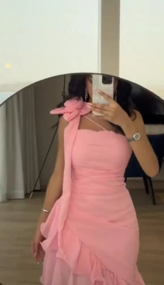 Vestido de Noite Formal com Folhos de Chiffon Cor-de-Rosa Doce Vestido de Baile Y7899