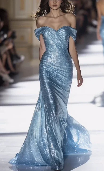 Robe de soirée sirène bleue élégante à épaules dénudées longue robe de bal Y8346