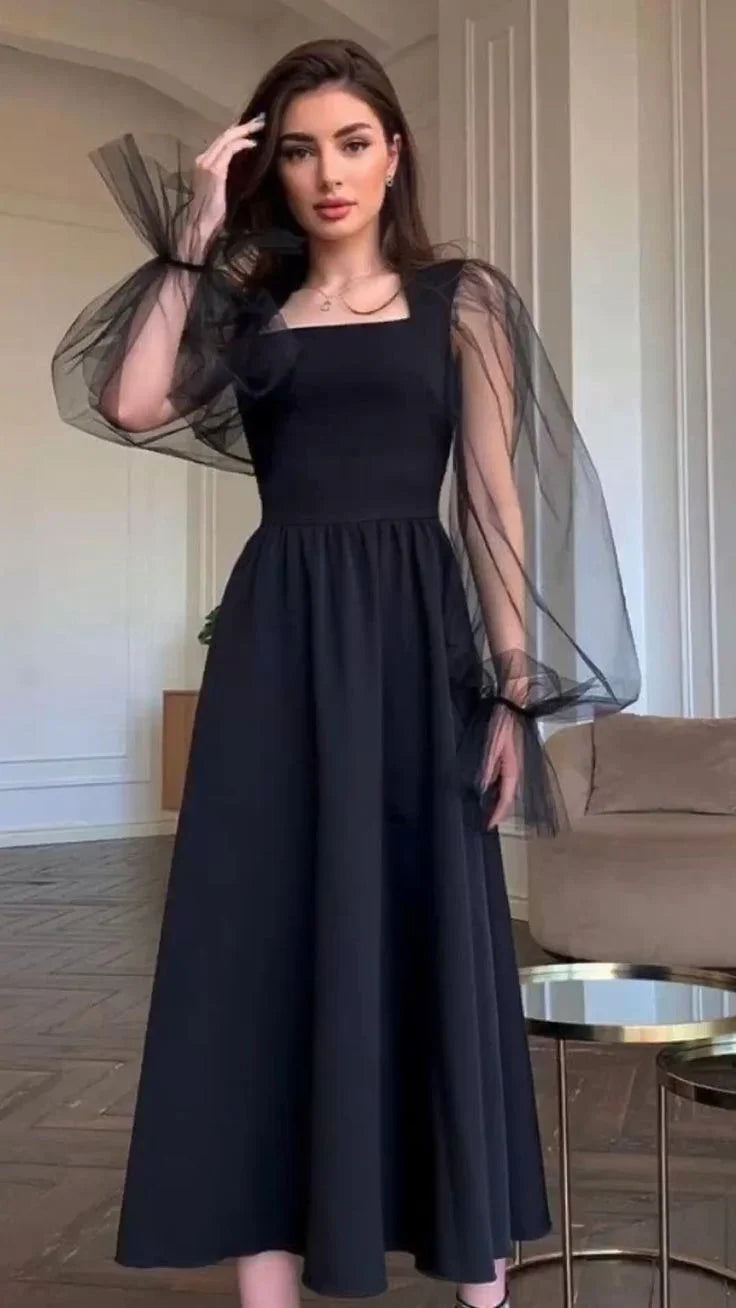 Robe de soirée élégante noire à manches longues, coupe en A, col carré simple, robes de fête pour femmes Y4557