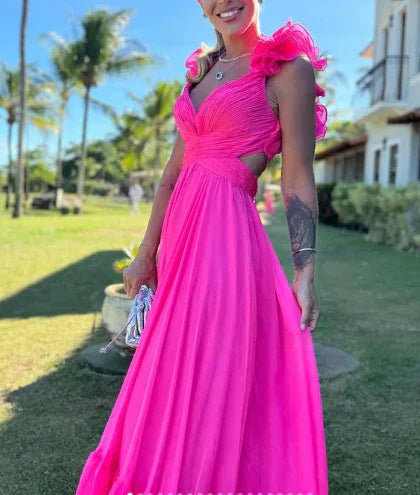 Vestidos de fiesta largos para mujer con escote en V, línea A de gasa con volantes, vestidos de dama de honor sin espalda, vestidos formales de noche Y3043