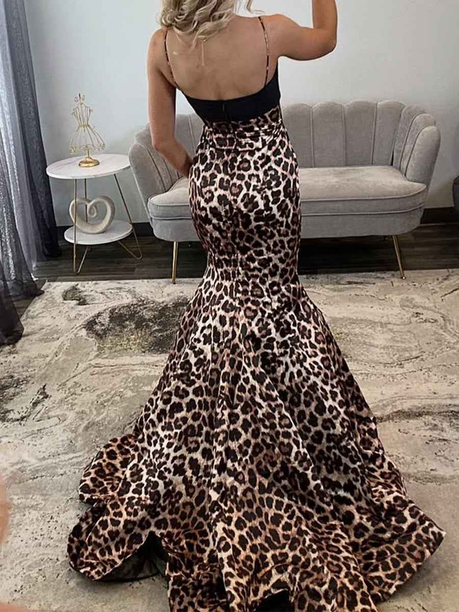Leopard Print Mermaid Prom Dress With Black Bow Detail