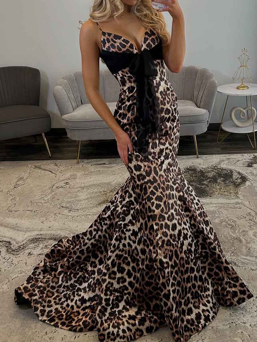 Leopard Print Mermaid Prom Dress With Black Bow Detail