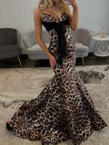 Leopard Print Mermaid Prom Dress With Black Bow Detail