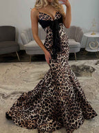 Leopard Print Mermaid Prom Dress With Black Bow Detail