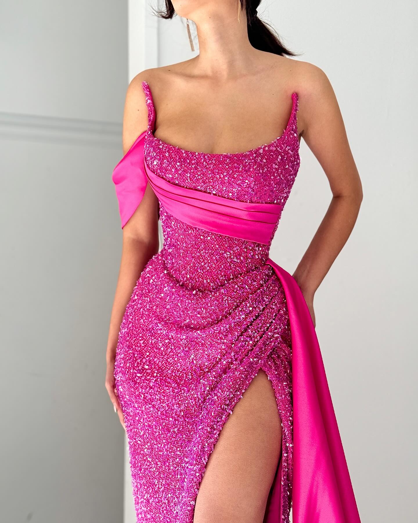 Elegant A-line Satin Sequined Sleeveless Halter Pink Long Prom Dresses