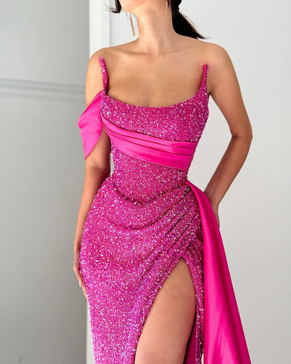 Elegant A-line Satin Sequined Sleeveless Halter Pink Long Prom Dresses