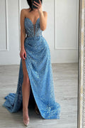 Elegante abito da sera blu con scollo a V, senza maniche, linea a trapezio, spacco frontale e paillettes