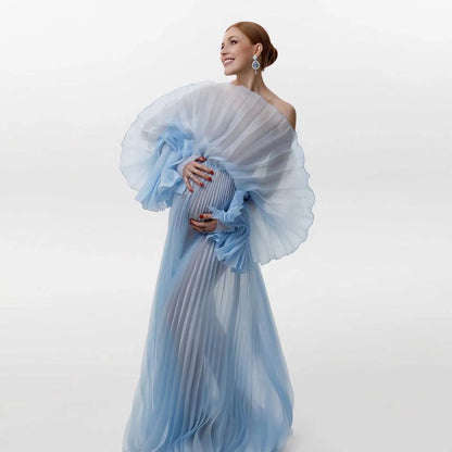 6113#Elegant Blue Pleated Maternity Dresses for Photoshoot Puff Sleeves Sheer Organza Maternity Gown Photography Babyshower Dress