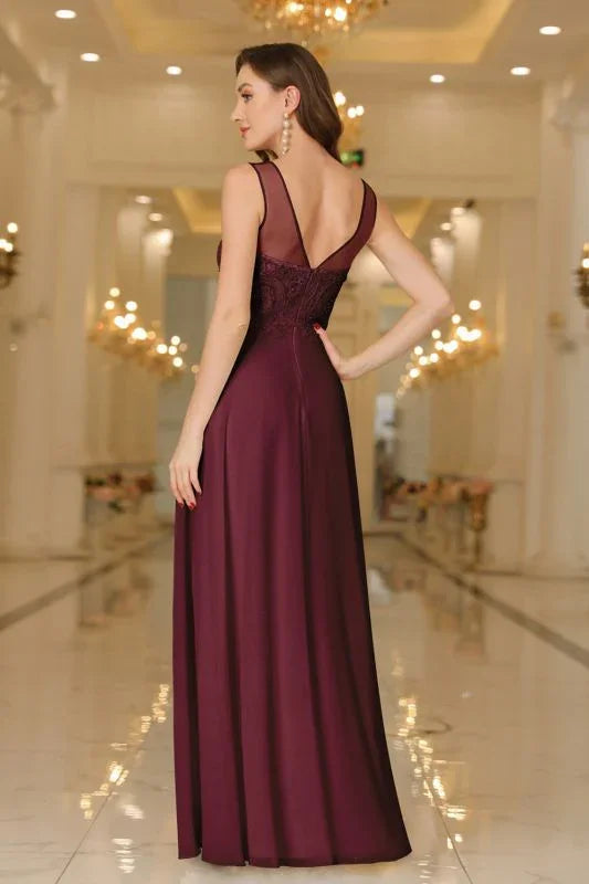 Elegant Chiffon Sleevless Evening Dress Scoop Neck Lace Apliques Bridesmaid Dress
