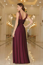 Elegant Chiffon Sleevless Evening Dress Scoop Neck Lace Apliques Bridesmaid Dress