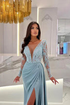 Abito da cerimonia elegante lungo fino al pavimento con spacco frontale, maniche lunghe, scollo a V e pizzo