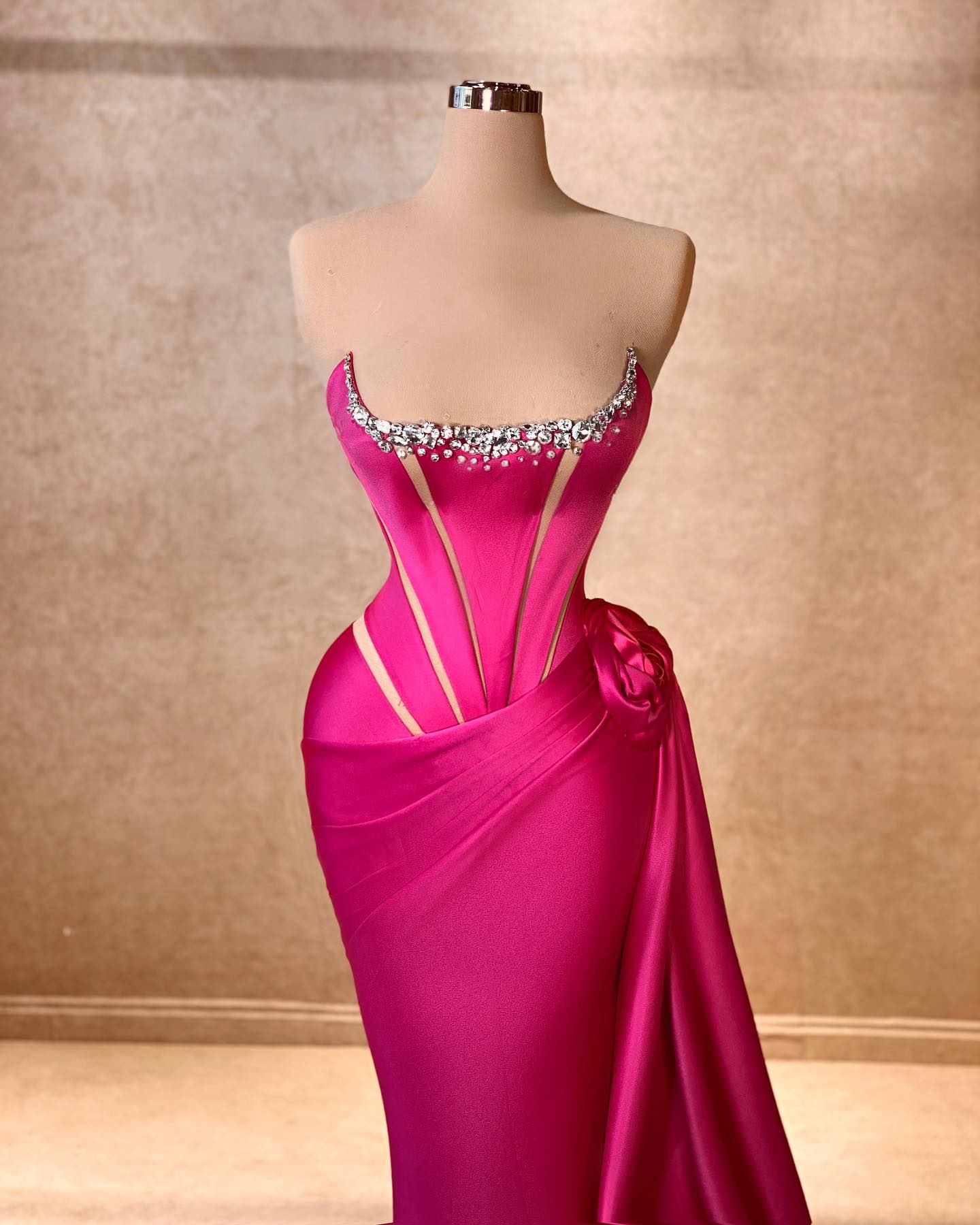 Elegant Column Square Sleeveless Rhinestone Satin Fuchsia Long Prom Dress