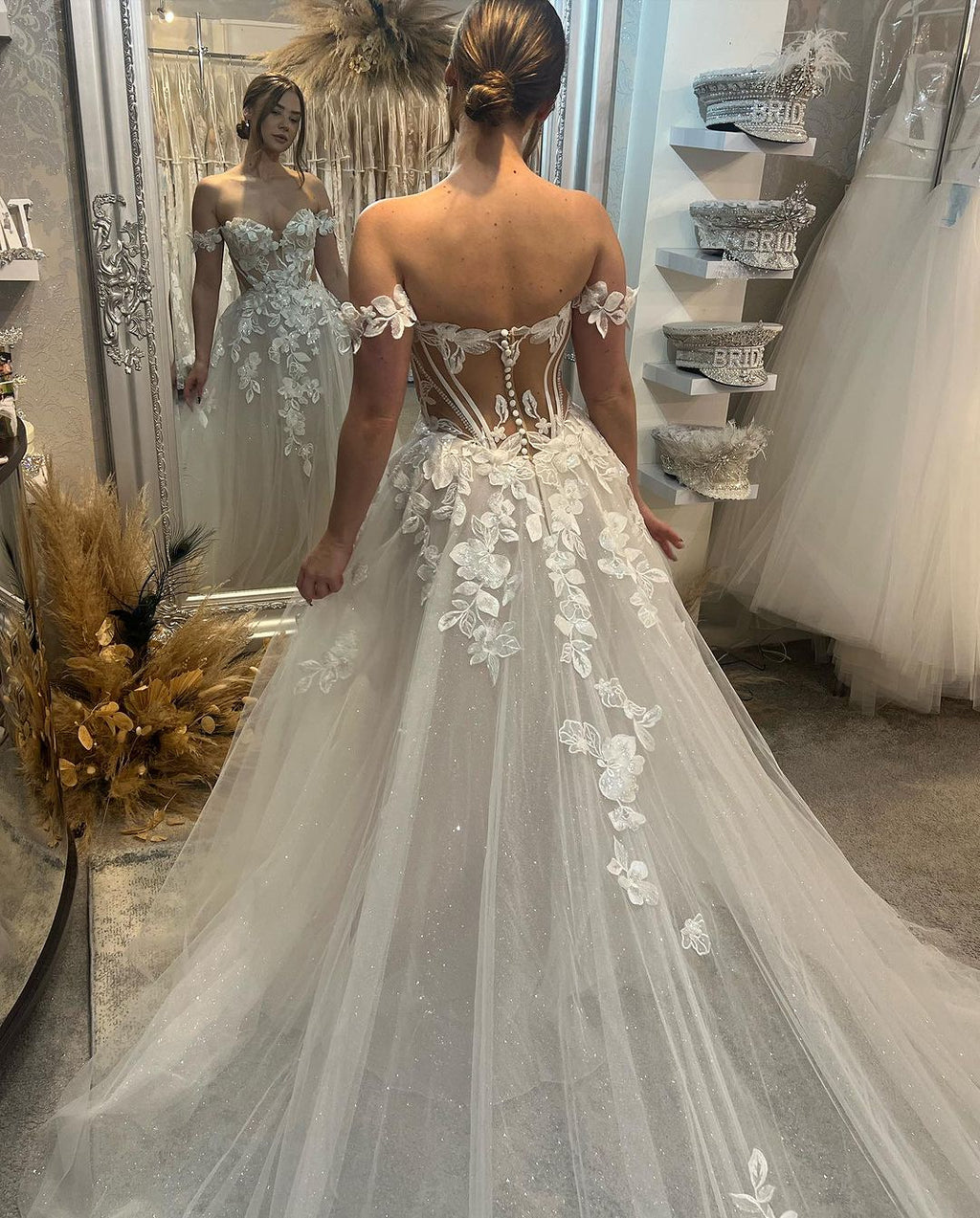 Elegant Long A Line Off the Shoulder Sweetheart Applique Glitter Wedding Dress
