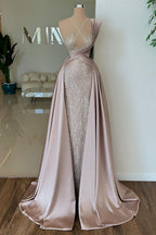 Elegante abito lungo a linea ad A senza maniche in pizzo con paillettes e raso per cerimonia