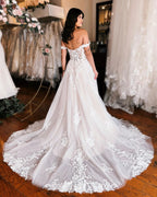 Elegant Long A Line Wedding Dress With Straps Lace Fabric And Side Slit