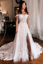 Elegant Long A Line Wedding Dress With Straps Lace Fabric And Side Slit