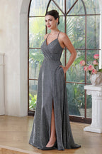 Robe de bal élégante longue en soie brillante, coupe évasée en A, col en V, dos nu, fendue sur le côté, robe de fête avec poche