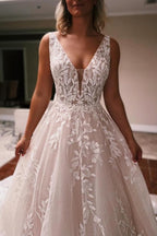 Elegant Long A-line V-neck Backless Lace Glitter Sleeveless Wedding Dresses