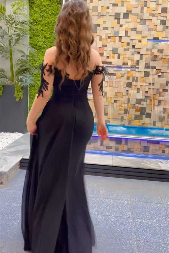 Abito da sera elegante lungo nero a sirena in chiffon con pizzo, perline, maniche lunghe e spacco