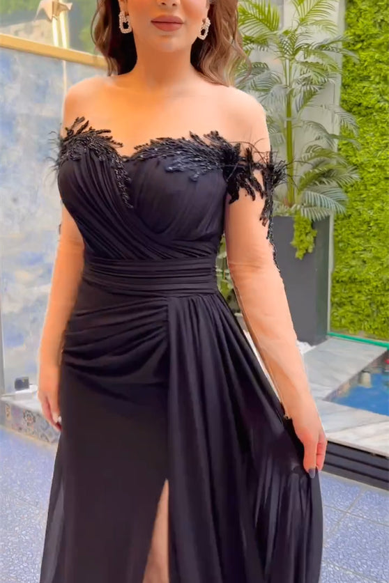 Abito da sera elegante lungo nero a sirena in chiffon con pizzo, perline, maniche lunghe e spacco