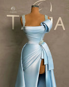 Elegante abito lungo blu a linea ad A con spalline, perle, senza maniche, da sera con spacco