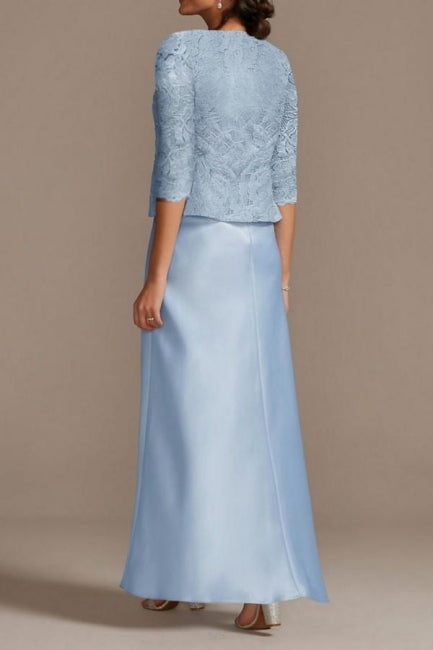 Vestidos Elegantes Longos de Cetim Azul com Renda para Mãe da Noiva com Casaco