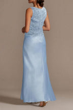 Vestidos Elegantes Longos de Cetim Azul com Renda para Mãe da Noiva com Casaco