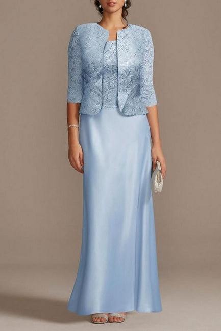 Vestidos Elegantes Longos de Cetim Azul com Renda para Mãe da Noiva com Casaco