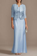 Vestidos Elegantes Longos de Cetim Azul com Renda para Mãe da Noiva com Casaco