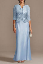Vestidos Elegantes Longos de Cetim Azul com Renda para Mãe da Noiva com Casaco