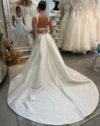 Ivory Satin A Line Long Backless Wedding Dress With Slit
