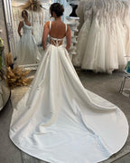 Ivory Satin A Line Long Backless Wedding Dress With Slit