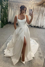 Ivory Satin A Line Long Backless Wedding Dress With Slit