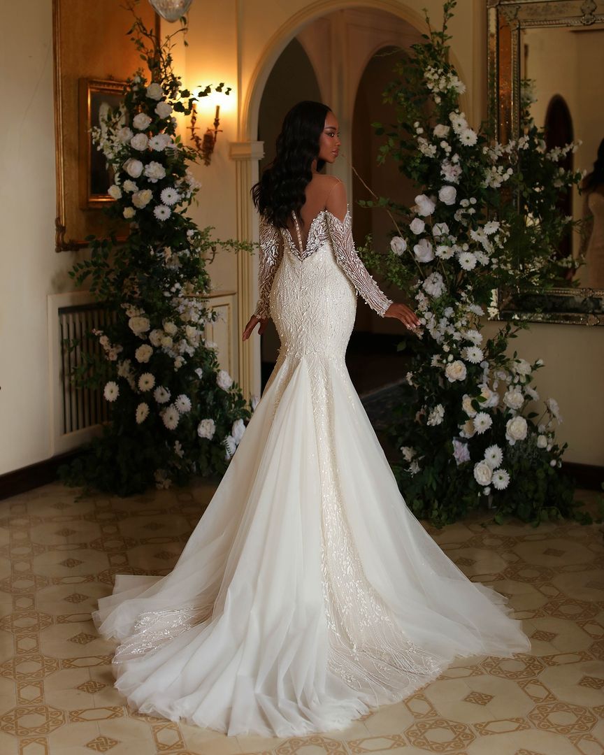 Ivory Mermaid Wedding Dress With Long Lace Tulle Sleeves