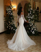 Ivory Mermaid Wedding Dress With Long Lace Tulle Sleeves