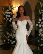 Ivory Mermaid Wedding Dress With Long Lace Tulle Sleeves