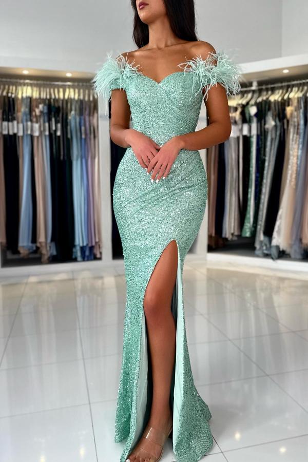 Mermaid Off-the-Shoulder Sequined Fur Long Prom Dresses with Split