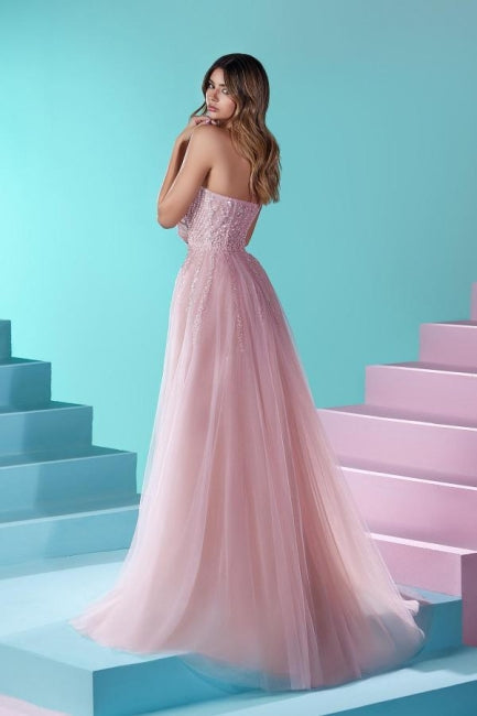 Elegante abito lungo rosa a linea ad A senza spalline in pizzo scintillante con spacco