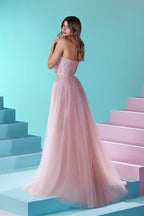 Elegante abito lungo rosa a linea ad A senza spalline in pizzo scintillante con spacco