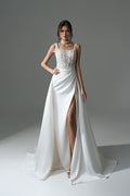 Elegant Long White A Line Beaded Lace Wedding Dress With Slit