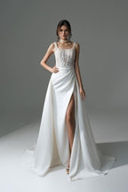 Elegant Long White A Line Beaded Lace Wedding Dress With Slit