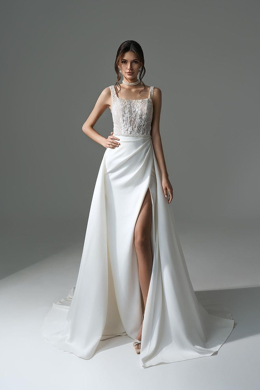 Elegant Long White A Line Beaded Lace Wedding Dress With Slit
