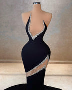Abito da sera elegante a sirena con scollo a V, senza maniche, in raso e tulle con strass