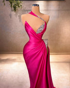 Abito da cerimonia fucsia elegante con scollo a V, senza maniche, volant, in raso, con spacco frontale a sirena