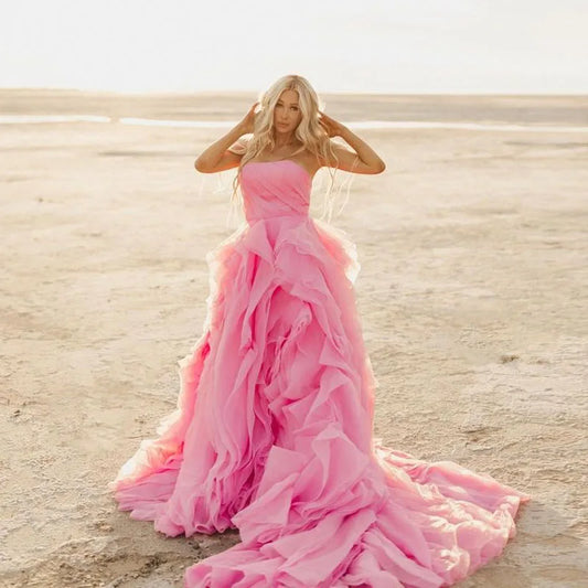 6118#Elegant Pink Petal Ruffle Prom Party Dresses 2023 Long Strapless Bridal Photography Dress Beach Boho Maternity Photo Shoot Gowns