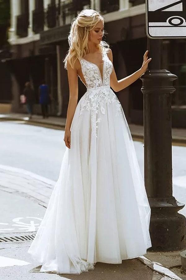Elegantes A-Linie V-Ausschnitt Spitze Strand Brautkleid Brautkleid
