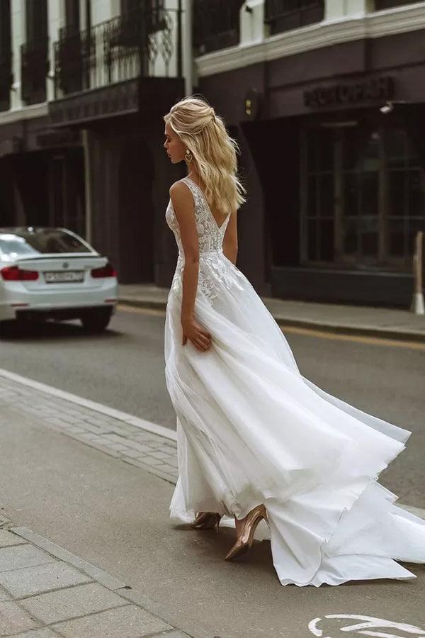 Elegant A-line V Neck Lace Beach Wedding Dresses Bridal Gown
